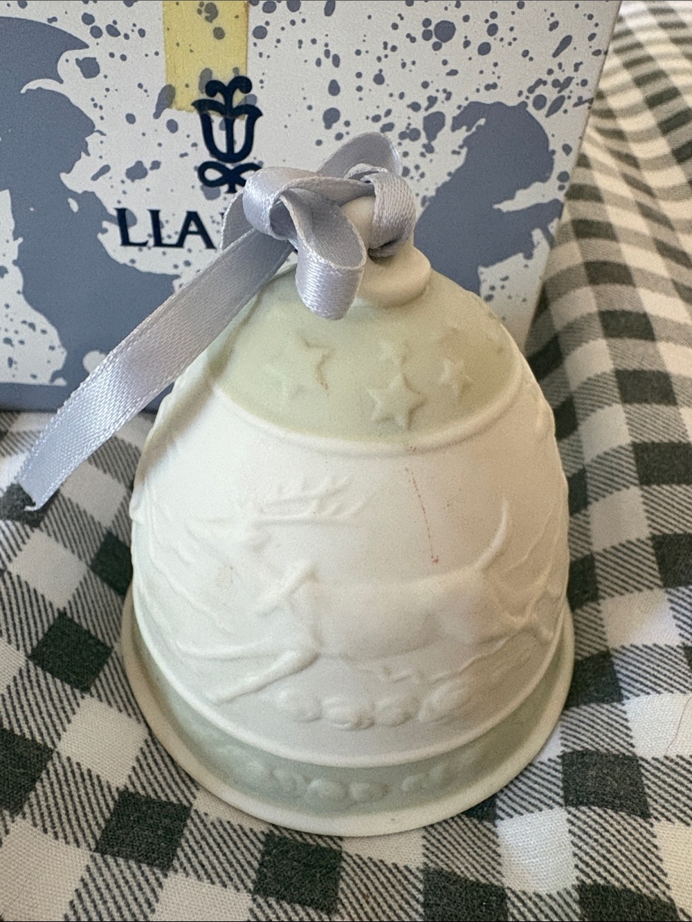 Lladro Cream and Pale Green Porcelain Bell Ornament with Silver Ribbon
